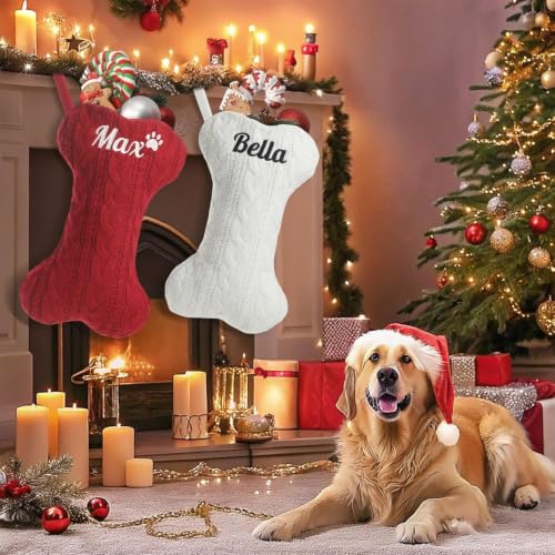 Personalized Dog Christmas Stocking - Custom Embroidered Knit Bone Stocking