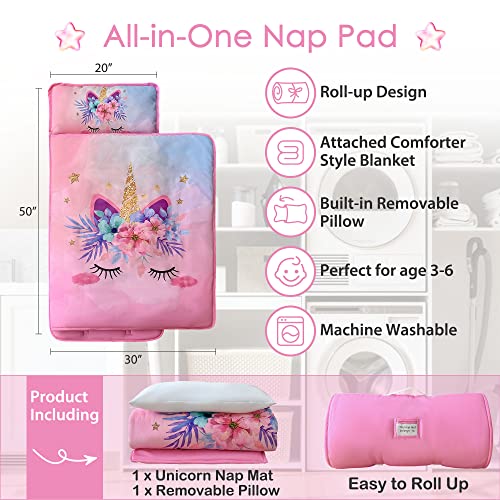 Pink Unicorn Toddler Nap Mat with Removable Pillow and Blanket for Daycare