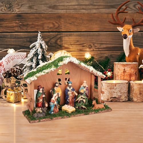 Lighted Christmas Nativity Set with Wooden Stable - 10 Piece Tabletop Decor