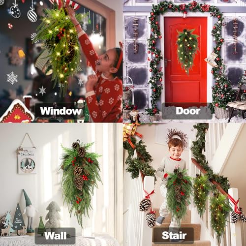27.6-Inch Pre-Lit Christmas Teardrop Swag with Warm LED Lights & Pinecones