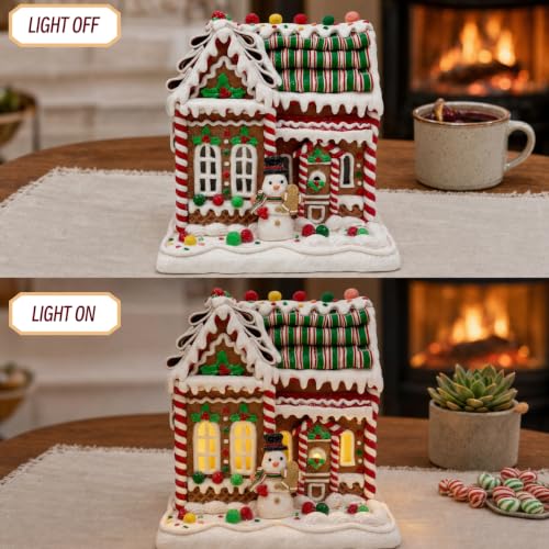8-Inch Lighted Gingerbread House - Handmade Clay Christmas Decor
