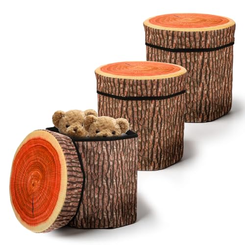 3-Piece Tree Stump Storage Ottoman Set, Folding Toy Box & Stool