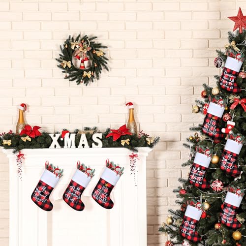 Skylety 24 Pcs Small Christmas Stockings Bulk 9" Buffalo Plaid Red and Black Word Variation