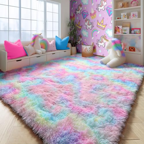 4x6 Rainbow Fluffy Area Rug - Soft Shaggy Plush Carpet for Kids Bedroom