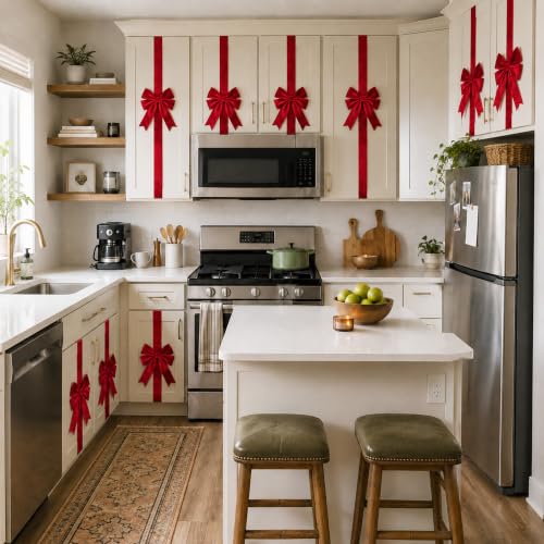 Senjie Red Velvet Cabinet Bows 8-Pack for Kitchen & Holiday Decor - Fits Most Cabinets