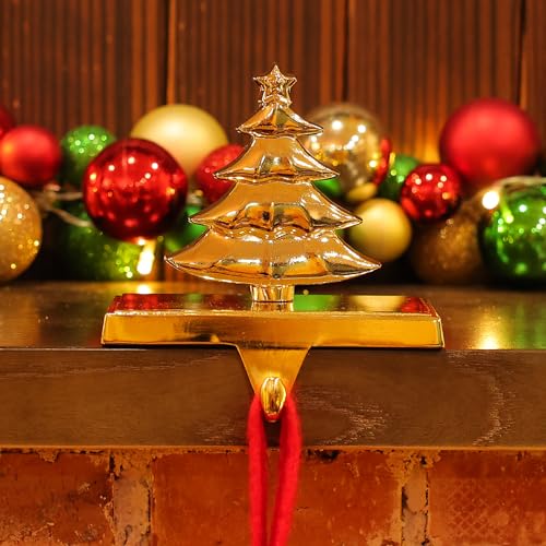 Amooca Christmas Stocking Hangers with Tree Decor, Non-Slip Metal Hooks, Gold, 1 Pack