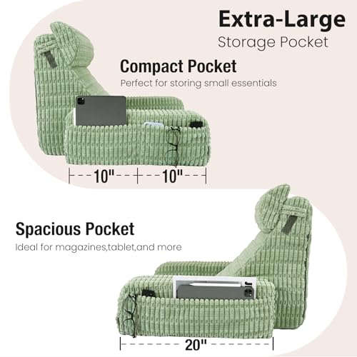 Ergonomic Reading Pillow with Large Pockets – 19" Backrest Cushion for Bed Sitting, Nursing, and Relaxing – Sage Green