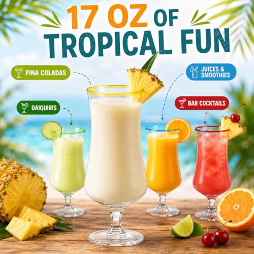 Pina Colada Hurricane Glasses Set - 4 Large 17oz Tropical Cocktail Cups with Tulip Shape - Bar & Home Drinkware - The Wine Savant