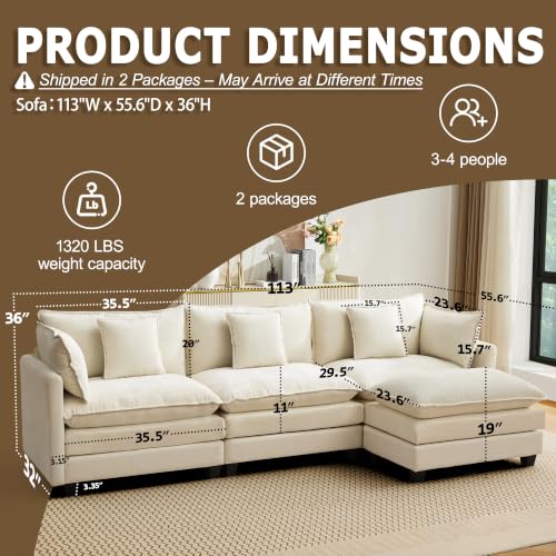 113-Inch Modular Sectional Sofa, L-Shaped Chenille Cloud Couch with Ottoman