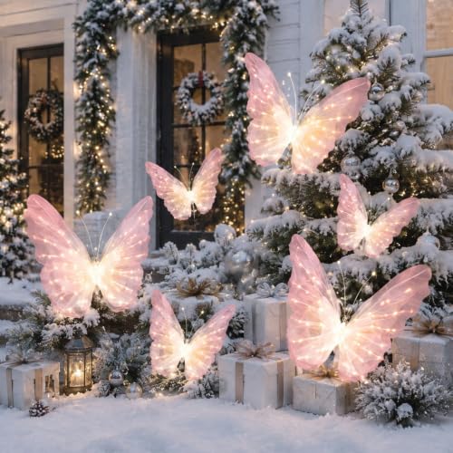 VIHOSE 6-Pack 19.7" x 11.8" Large 3D LED Butterfly Decorations - Gradient Pink