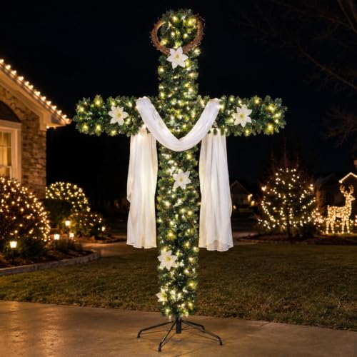 Leyndo 7.2 ft Cross Christmas Tree with Lights Prelit - 100 Light Bulbs, Natural Wooden Ring