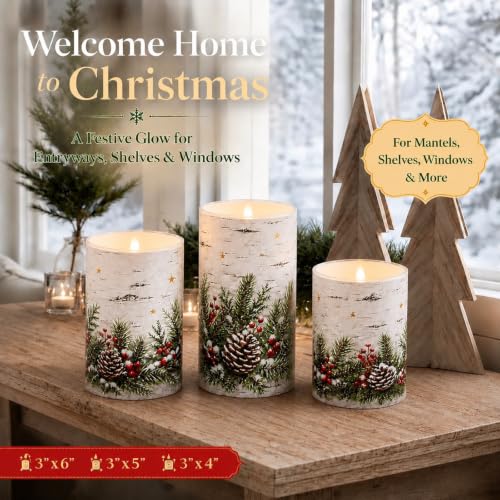 Winter Birch Flameless Candles Set - 3 Color-Changing LED Pillars with Remote