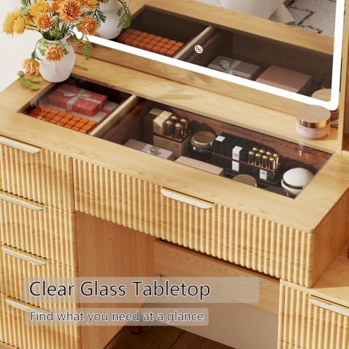 Modern Makeup Vanity Desk with Mirror, Lights, 8 Drawers and Power Outlet