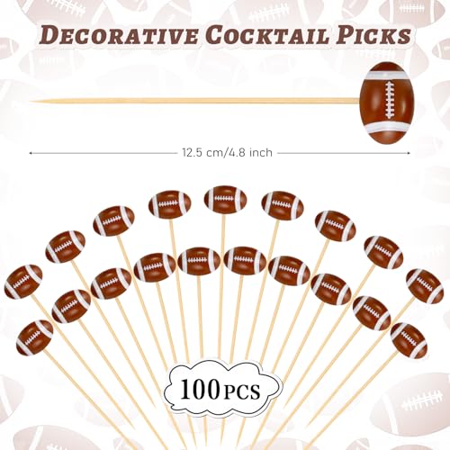 KINYFY Football 3D Cocktail Picks - 100 Long Bamboo Toothpicks for Party Decorations
