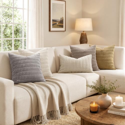 MIULEE Corduroy Throw Pillow Covers 18x18 Cream White Boho Striped 2 Pack