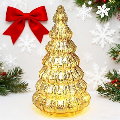 Gold Mercury Glass Christmas Tree Lamp with Timer, Battery Operated Night Light, 8.2-inch Tabletop Holiday Decor