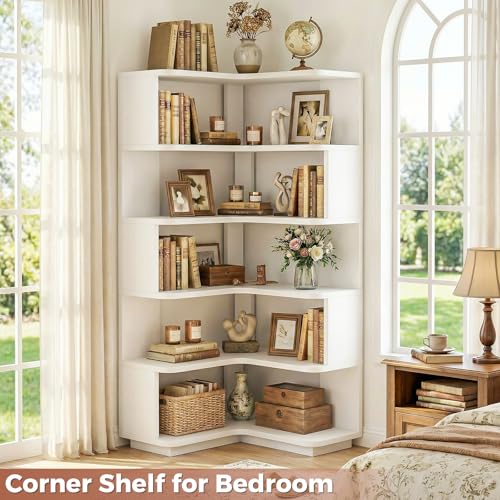6-Tier Corner Bookshelf, L-Shaped Space-Saving Storage Display Stand, White