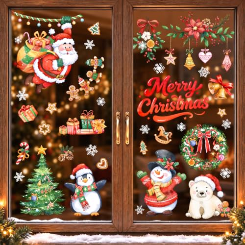 Christmas Santa Snowman Window Clings - Reusable Holiday Decor, Santa Claus Variation