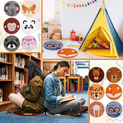 12-Piece Animal Print Round Classroom Rugs, 15-Inch Non-Slip Floor Cushions