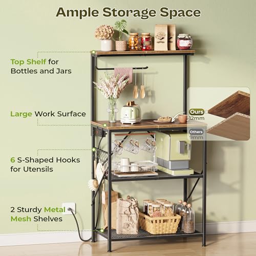 4-Tier Kitchen Bakers Rack with Power Outlet, Microwave Stand & Coffee Bar