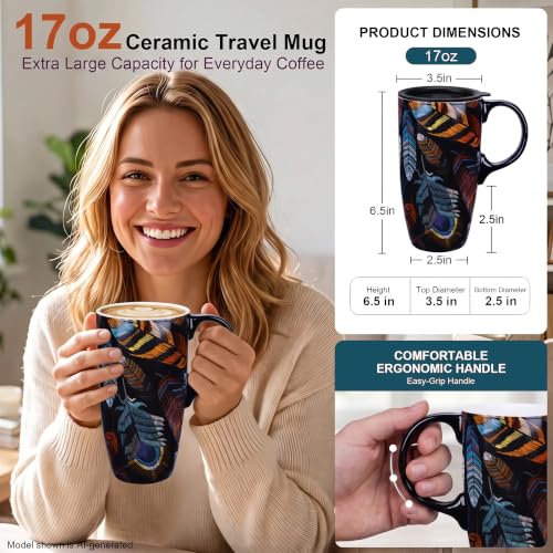 Black Topadorn 17oz Ceramic Travel Mug with Lid - Feather Art Coffee Cup