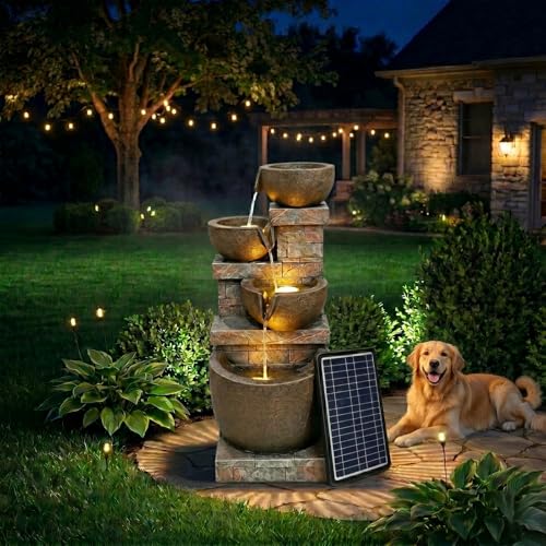 Solar Garden Water Fountain 4-Tier Resin Outdoor Waterfall with LED Lights
