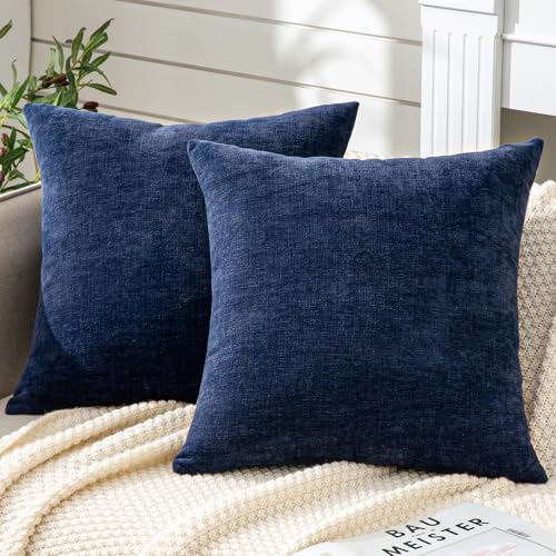 Soft Chenille Throw Pillow Covers 18x18 (Set of 2) - Navy Blue Cushion Covers