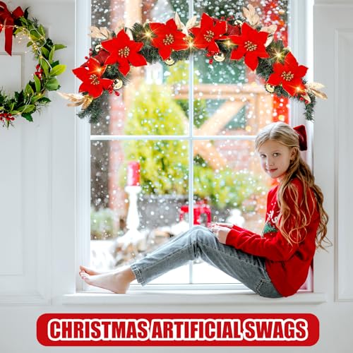 30-Inch Pre-Lit Christmas Window Swags with Red Poinsettias - 4 Pack
