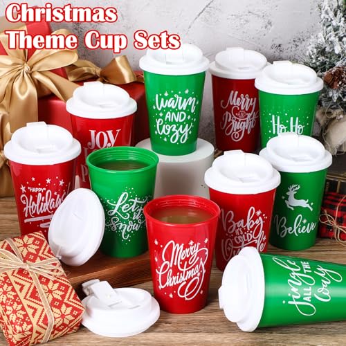Christmas Reusable Plastic Cups with Lids - 12 Oz, Red & Green, 10 Pcs