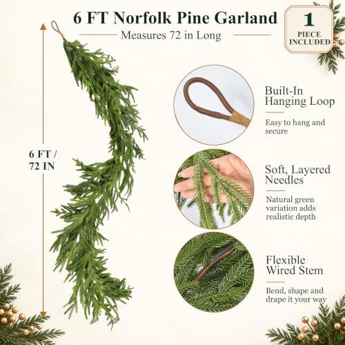A-light Green 6ft Norfolk Pine Christmas Garland for Mantel & Fireplace – Real Touch Outdoor/Indoor Holiday Decor