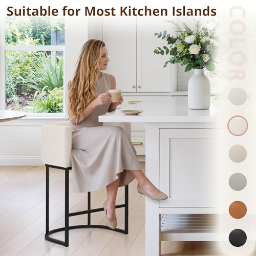 Modern Barrel Counter Height Bar Stools with Backrest, Set of 3, Beige Linen