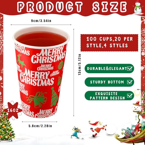 16 oz Christmas Disposable Coffee Cups with Lids – 100 Pack by Zhehao