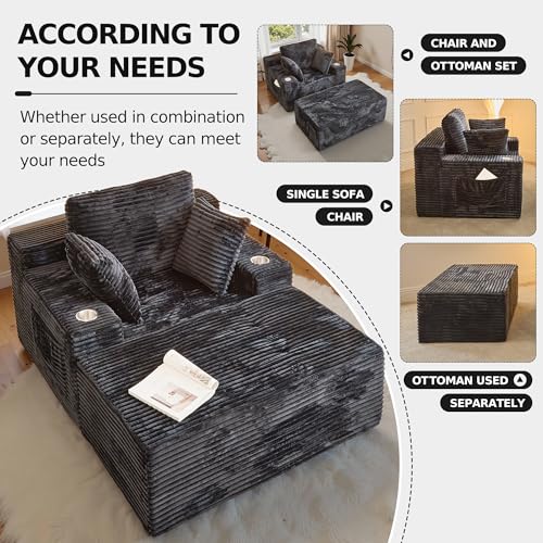66-Inch Oversized Corduroy Chaise Lounge Chair with 3 Pillows - Grey