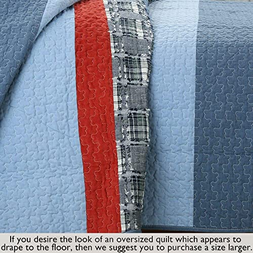 Navy Blue and Red Striped 100% Cotton Queen Quilt Bedding Set - 3 Piece