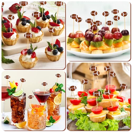 KINYFY Football 3D Cocktail Picks - 100 Long Bamboo Toothpicks for Party Decorations