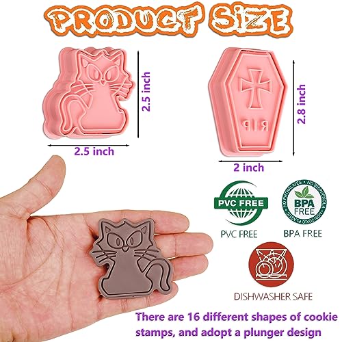 Halloween Cookie Cutter Set 16 Pcs with Plunger Stamp - Ghost, Pumpkin, Bat & More
