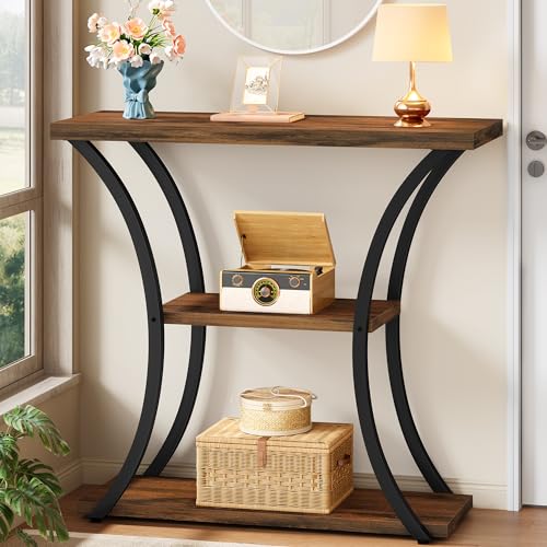 3-Tier Narrow Console Table, Rustic Wood Entryway Sofa Table with Metal Frame