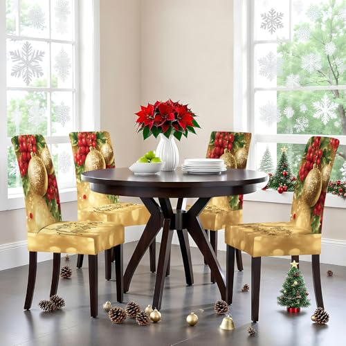 LEIWEIHOPE Merry Christmas Chair Covers Set of 4 - Stretchable Red Slipcovers with Santa & Floral Trim, 19-24" Back, 15-19" Seat (Variation 25)