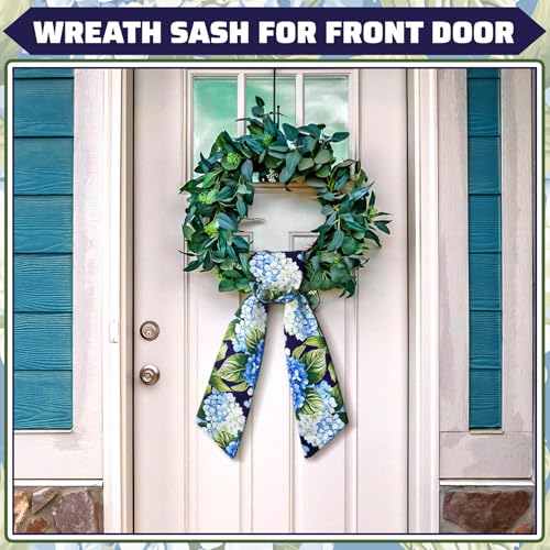 Blue Hydrangea Wreath Sash for Front Door - 4.5" x 56" Spring Decor Ribbon