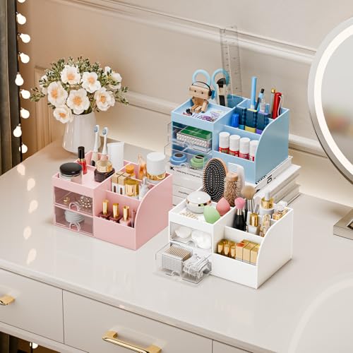 Fanado White Makeup Organizer with 2 Drawers and 5 Compartments – Vanity & Bathroom Storage