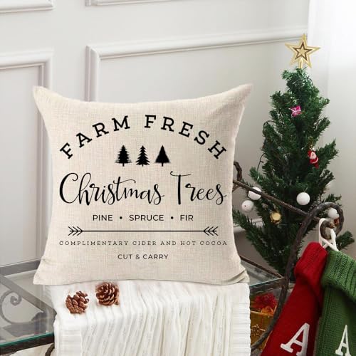 Farmhouse Christmas 20x20 Inch Cotton Linen Throw Pillow Cover - White