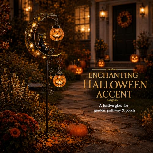 Solar Halloween Black Cat and Pumpkin Moon Garden Stake Light