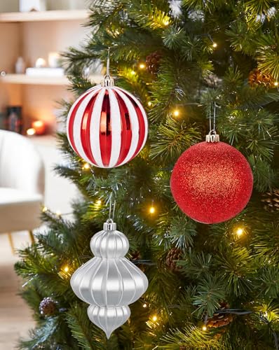 DILATATA 12Pcs 4" Christmas Ball Ornaments Set - Shatterproof Silver & Red Xmas Tree Decorations