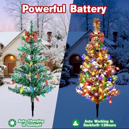 LSHXINXX 8 Pack Outdoor Solar Christmas Tree Lights with Bows, 160 LED Multi-Color Modes