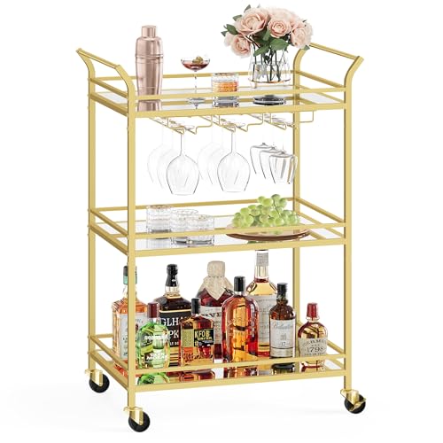 3-Tier Gold Bar Cart with Mirrored Shelves and Wine Glass Rack