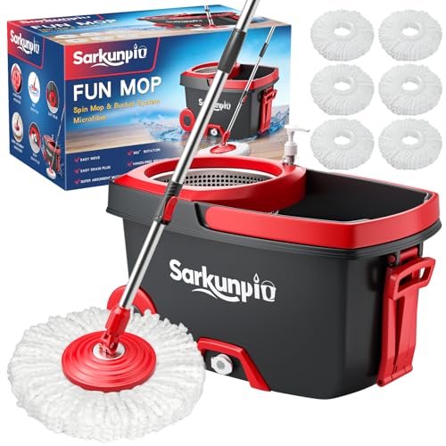Spin Mop and Bucket Set with 6 Microfiber Heads, Stainless Steel Wringer