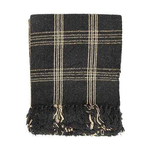 Plaid Black & Tan Fringed Woven Cotton Blend Throw