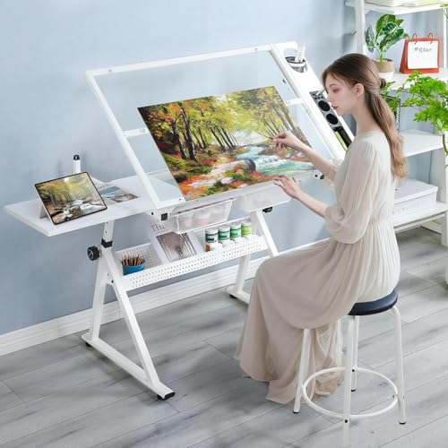 Adjustable Drafting Table with Stool, Tilting Glass Top Art Desk for Drawing