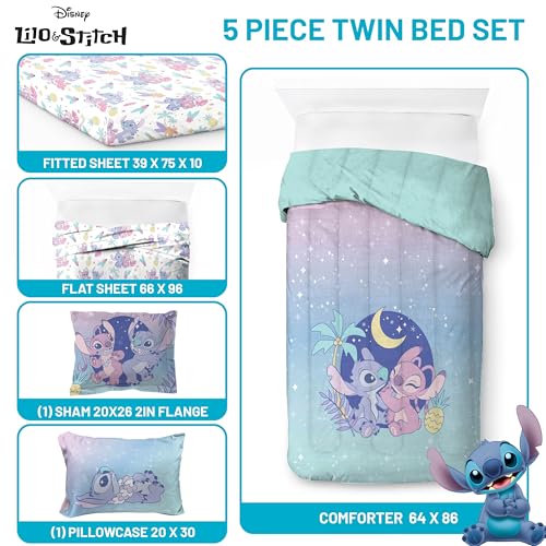 Disney Lilo & Stitch Twin Reversible Comforter Set - 5 Piece Kids Bedding, Multicolor / Twin Bed in a Bag