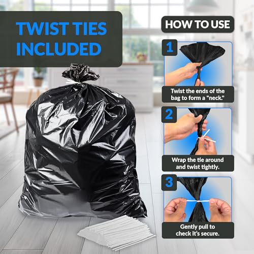 55-60 Gallon Heavy Duty Trash Bags with Twist Ties - 150 Count, Black